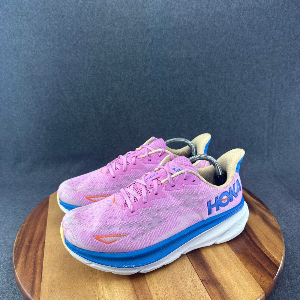 Hoka One One Clifton 9 Shoes Womens 11D Wide Pink Blue Comfort Chunky Sneakers - Picture 6 of 13